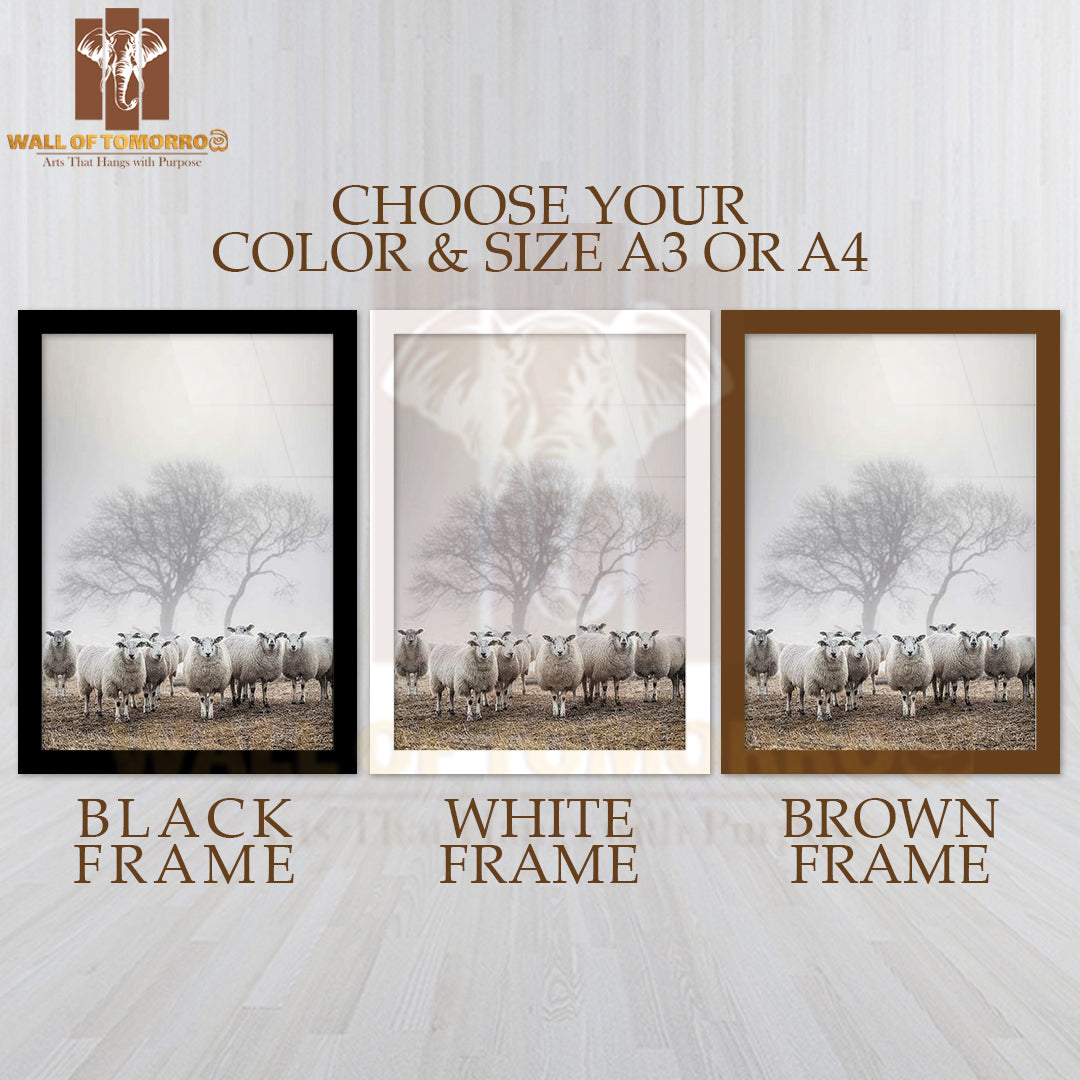 Sheep’s In Fog Faded Photography High Quality Glass Frame Wall Décor