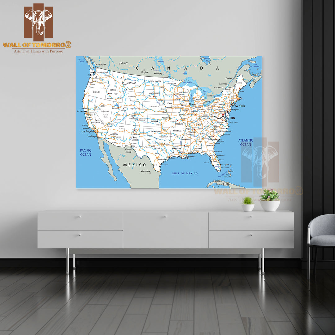High Detailed United States of America Road Map Educational High Quality Unframed Poster Print & Waterproof Poster Print Wall Décor