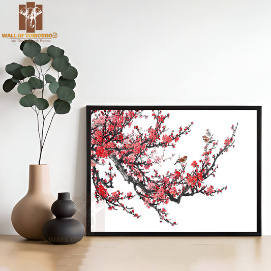 Birds On Red Flower Tree Painting High Quality Unframed Poster Print & Waterproof Poster Print Wall Décor