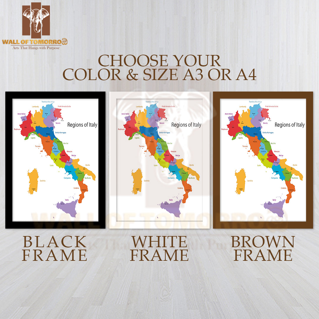 Italy Map with Regions and Main Cities Educational High Quality Glass Frame Wall Décor
