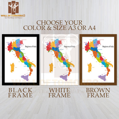 Italy Map with Regions and Main Cities Educational High Quality Glass Frame Wall Décor