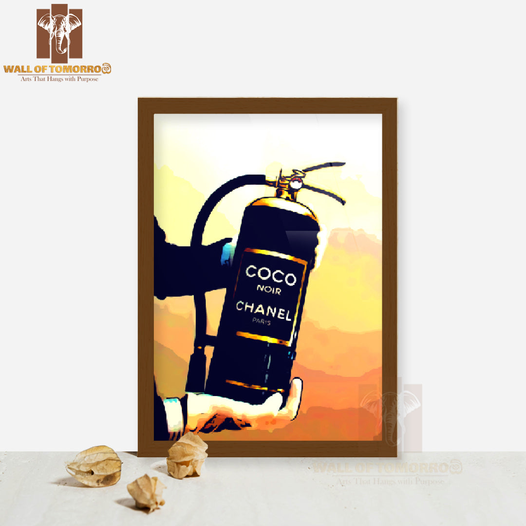 Man Holding a Famous Fashion Brand Gas Bottle High Quality Glass Frame Wall Décor