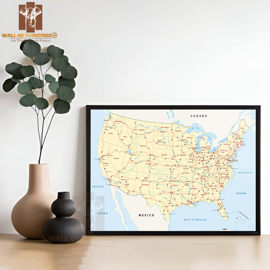 US Interstate Highway Map Educational High Quality Glass Frame Wall Décor