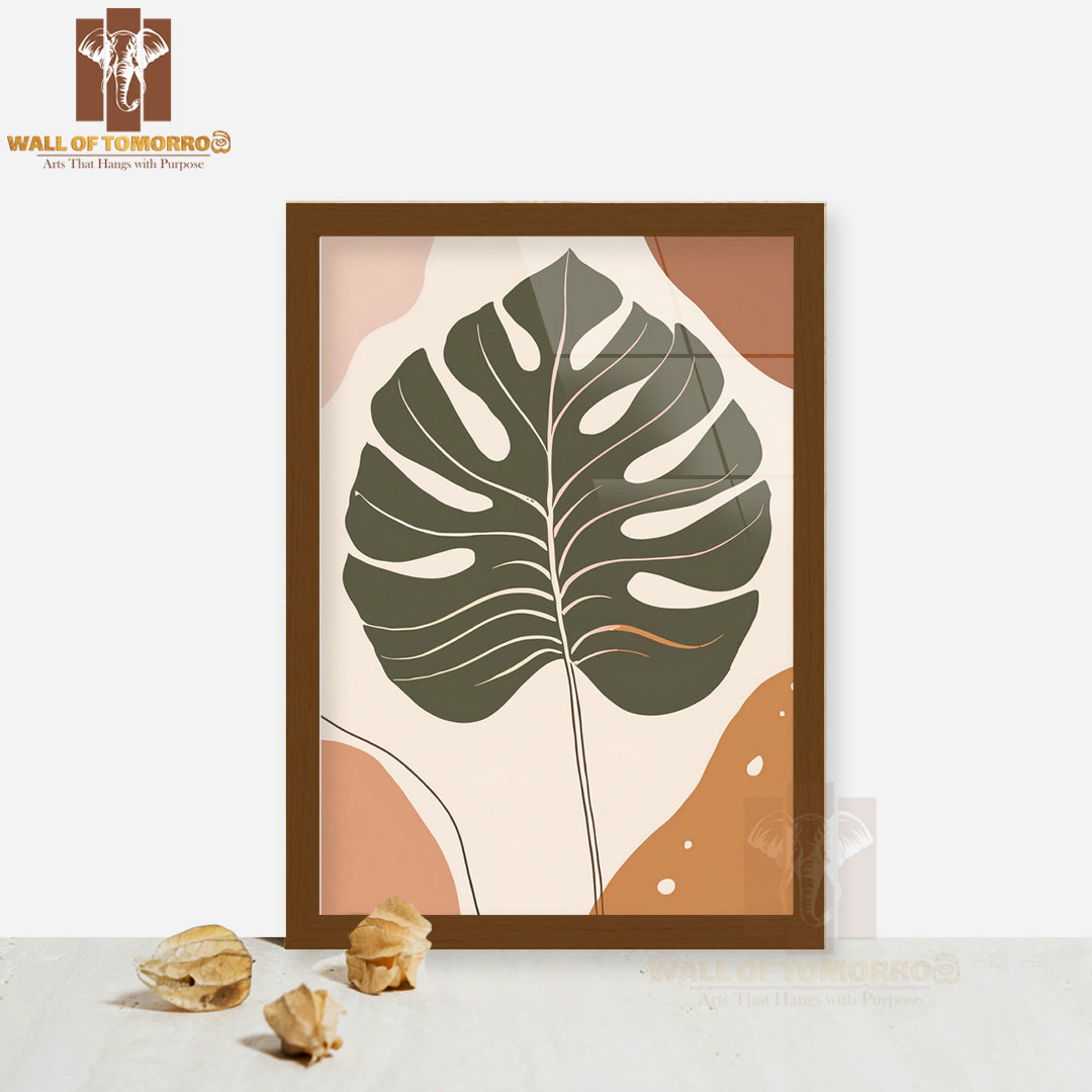 Single Green Leaf Against a White Background High Quality Glass Frame Wall Décors in Sri Lanka