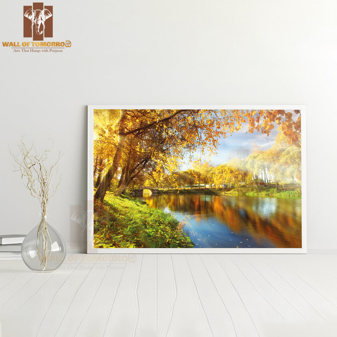 Yellow Autumn at The Pond Park High Quality Unframed Poster Print & Waterproof Poster Print Wall Décor
