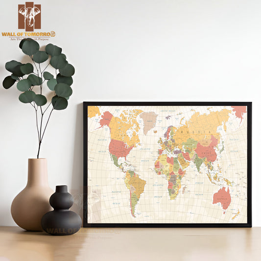 Vintage World Map Detailed II Educational High Quality Glass Frame Wall Décor