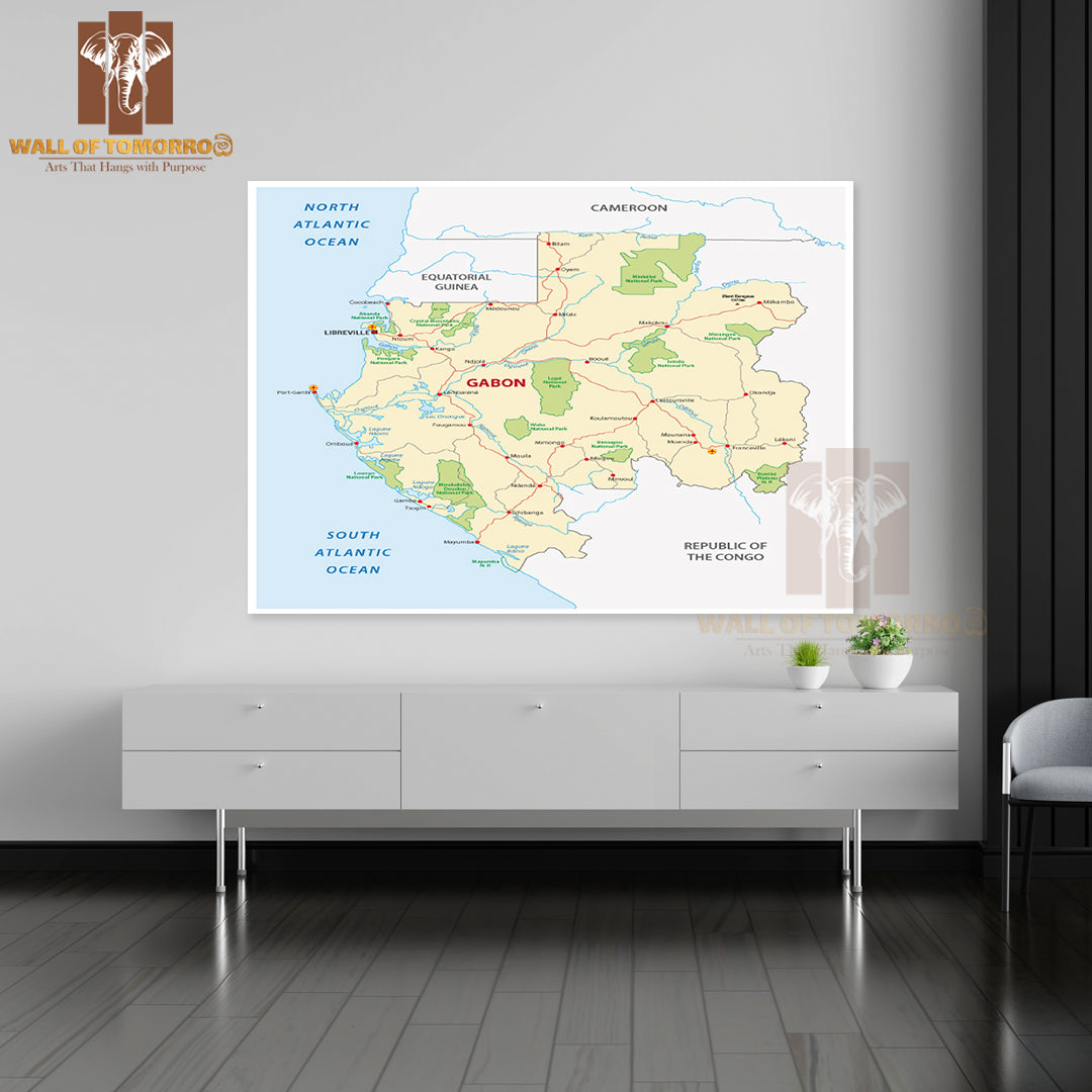 Gabon Road Map Educational High Quality Unframed Poster Print & Waterproof Poster Print Wall Décor