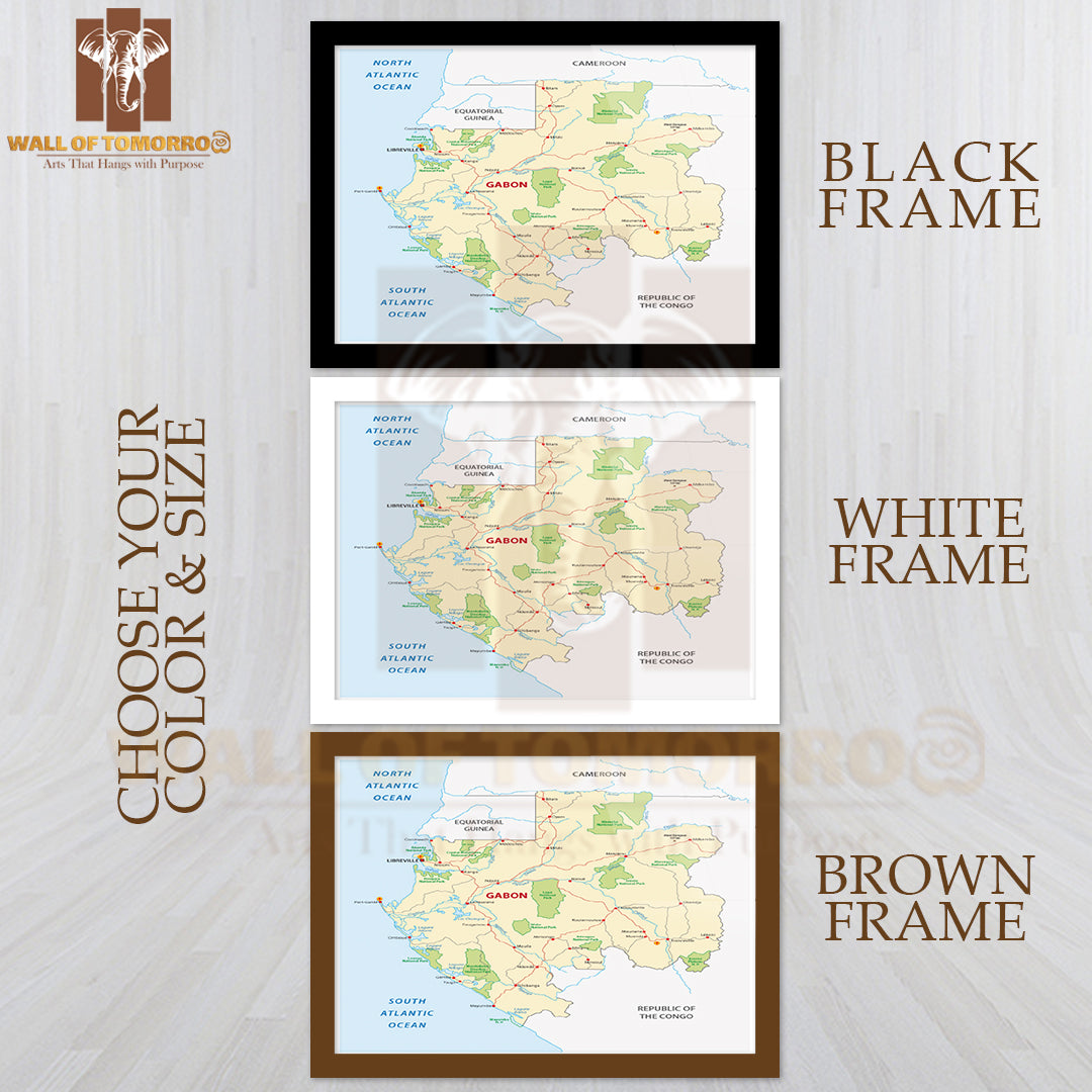 Gabon Road Map Educational High Quality Glass Frame Wall Décor