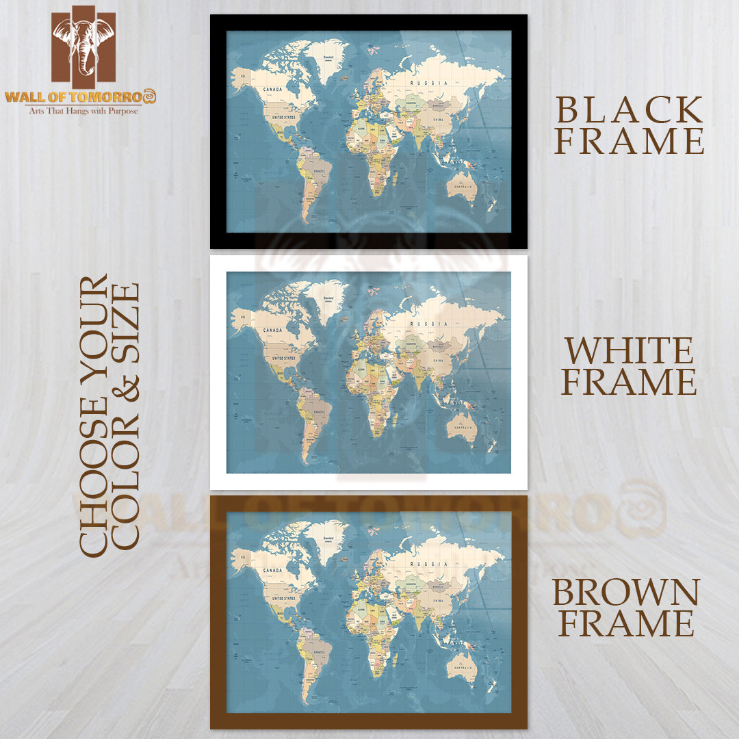 High Detailed Illustration of World map Educational High Quality Glass Frame Wall Décor
