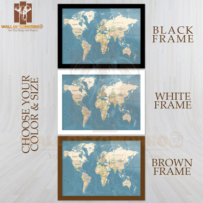 High Detailed Illustration of World map Educational High Quality Glass Frame Wall Décor