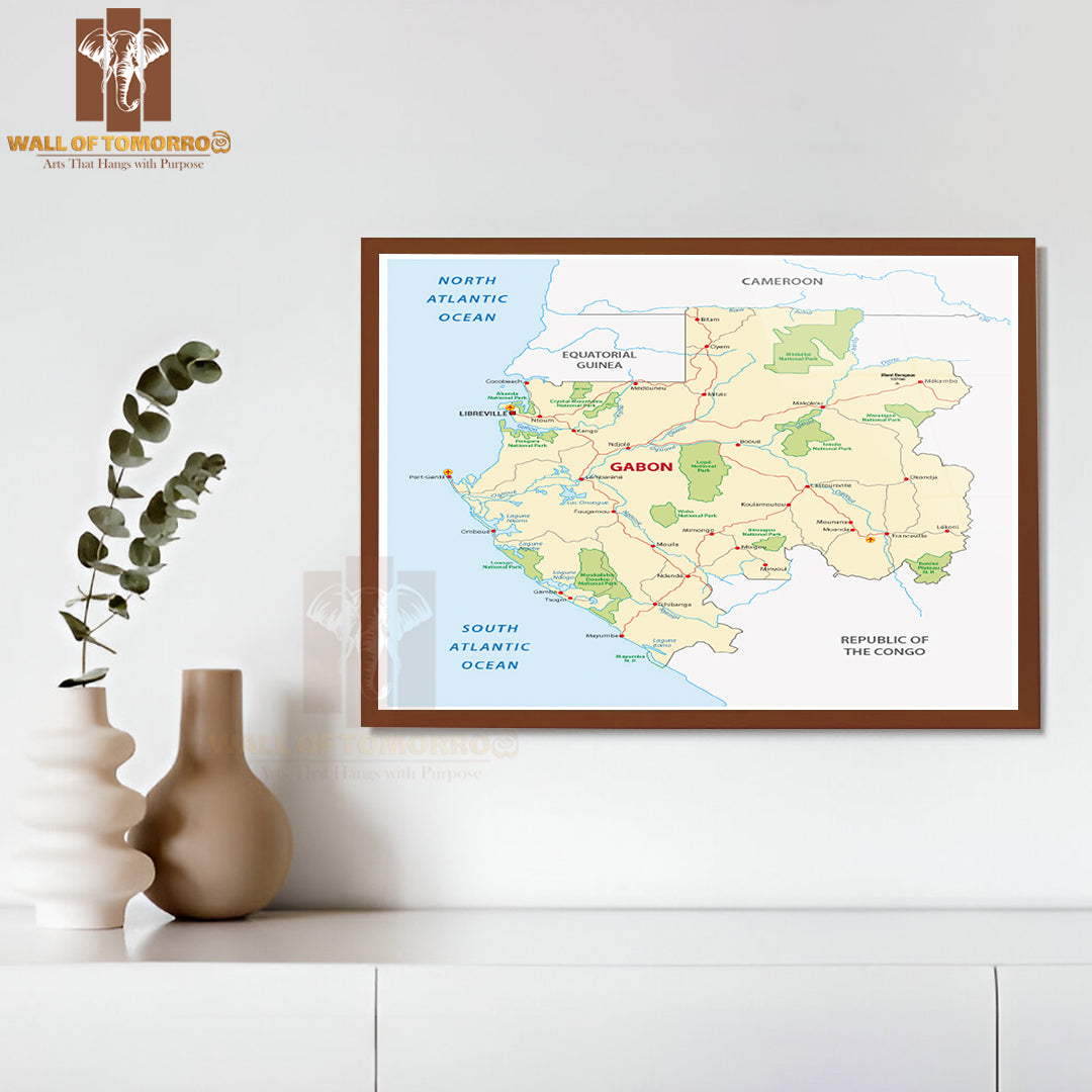 Gabon Road Map Educational High Quality Glass Frame Wall Décor
