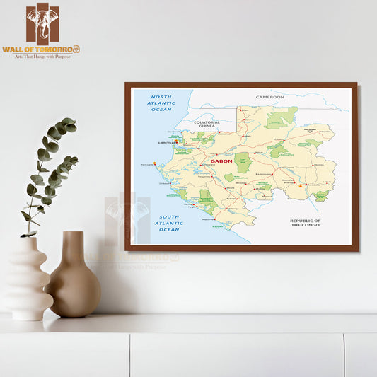 Gabon Road Map Educational High Quality Glass Frame Wall Décor