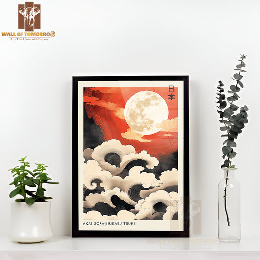 Akai Soraniukabu Tsuki Japandi Art High Quality Glass Frame Wall Décor