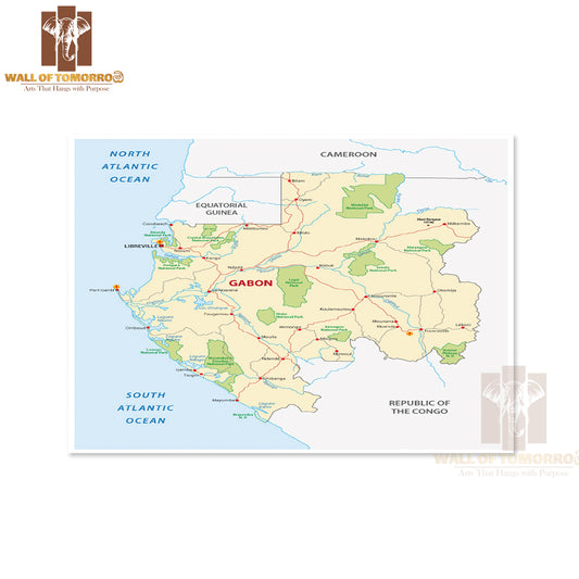 Gabon Road Map Educational High Quality Unframed Poster Print & Waterproof Poster Print Wall Décor