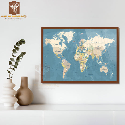 High Detailed Illustration of World map Educational High Quality Glass Frame Wall Décor