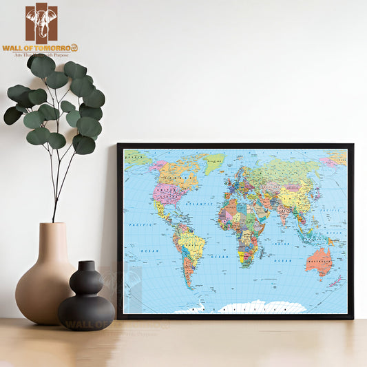 World Map Borders, Countries, Roads and Cities Educational High Quality Glass Frame Wall Décor