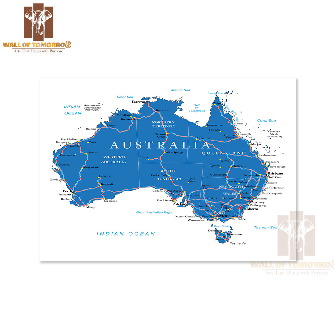 Australia Road Map Educational High Quality Unframed Poster Print & Waterproof Poster Print Wall Décor
