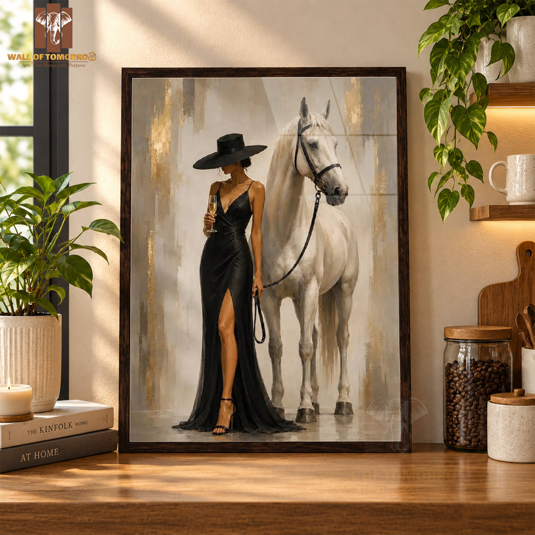 Horse with a Lady in a Black Dress Animals High Quality Glass Frame Wall Décor in Sri Lanka