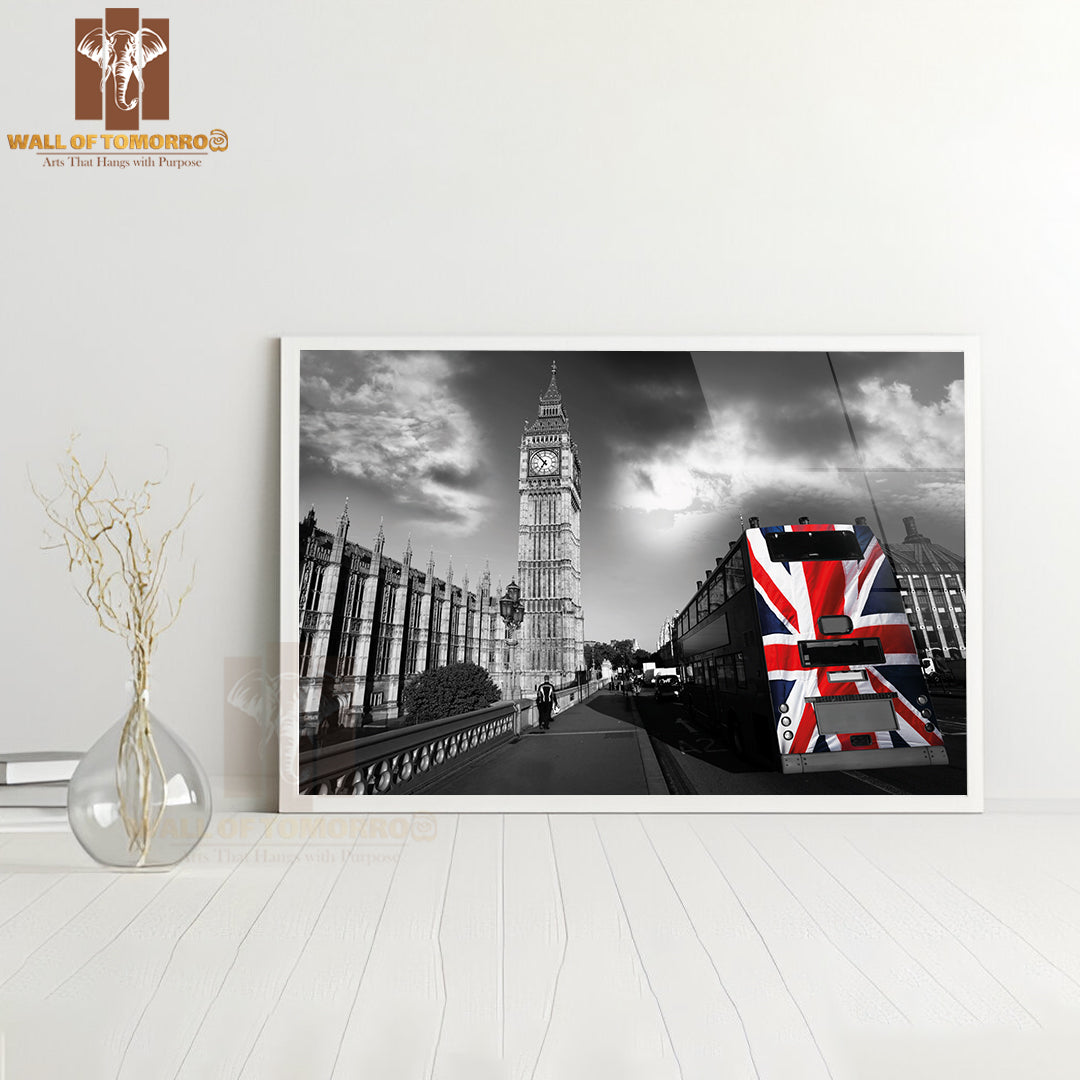 Big Ben with City Bus Covered Flag of England, London, UK High Quality Unframed Poster Print & Waterproof Poster Print Wall Décor