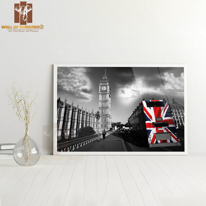 Big Ben with City Bus Covered Flag of England, London, UK High Quality Unframed Poster Print & Waterproof Poster Print Wall Décor