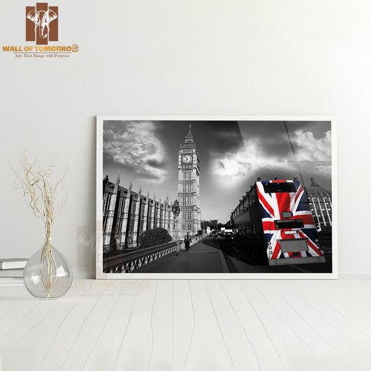 Big Ben with City Bus Covered Flag of England, London, UK High Quality Unframed Poster Print & Waterproof Poster Print Wall Décor