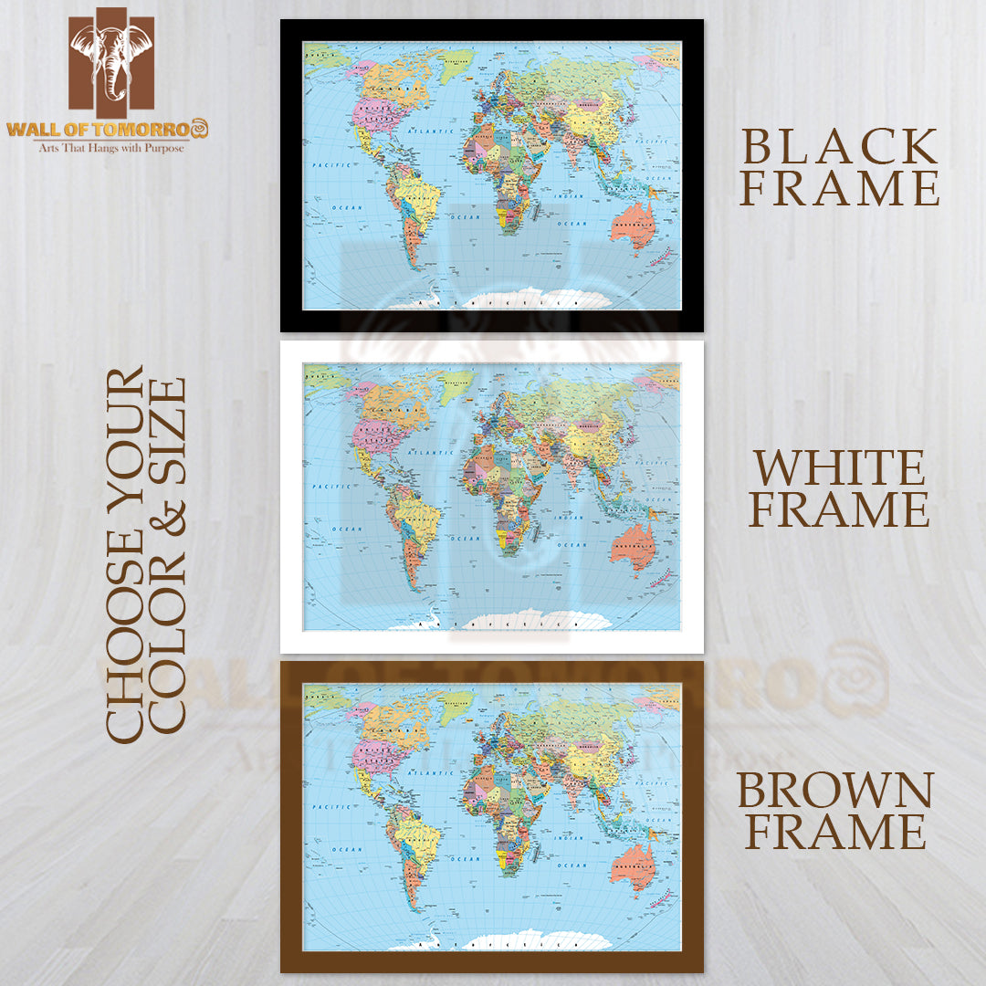 World Map Borders, Countries, Roads and Cities Educational High Quality Glass Frame Wall Décor