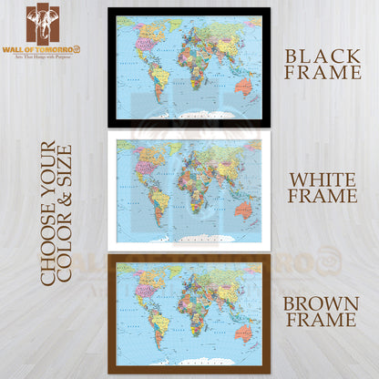 World Map Borders, Countries, Roads and Cities Educational High Quality Glass Frame Wall Décor