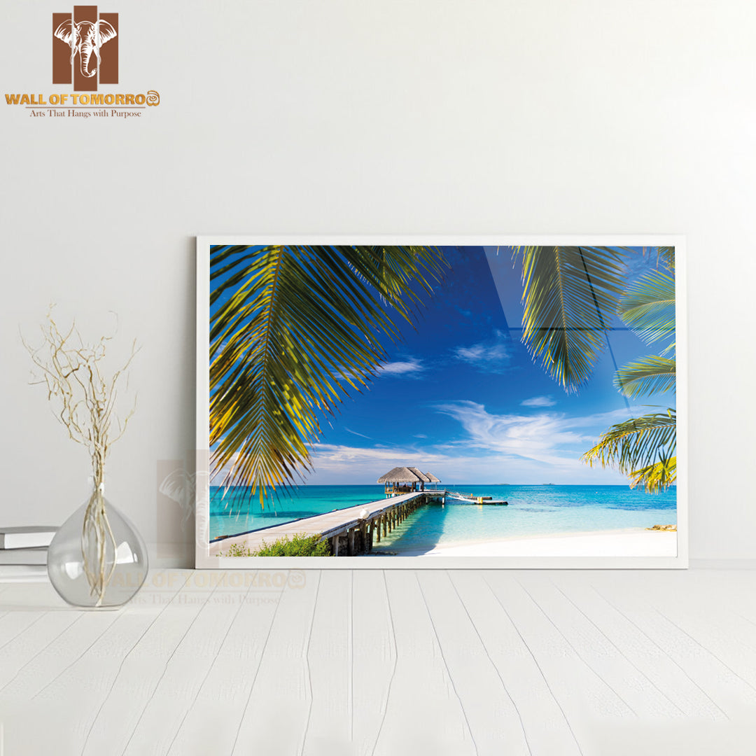 Maldives Beach with Beautiful Palm Trees on Tropical Scene High Quality Unframed Poster Print & Waterproof Poster Print Wall Décor