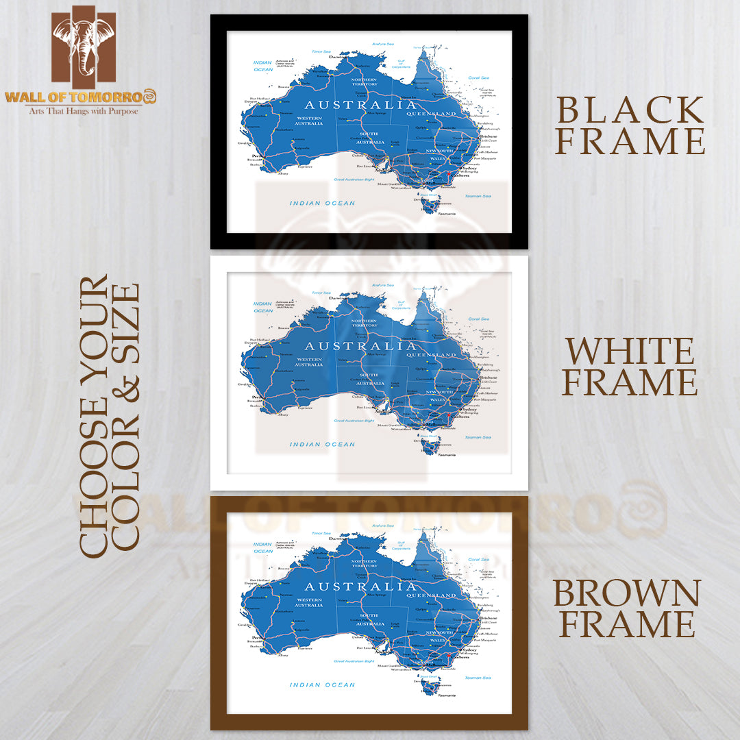 Australia Road Map Educational High Quality Glass Frame Wall Décor