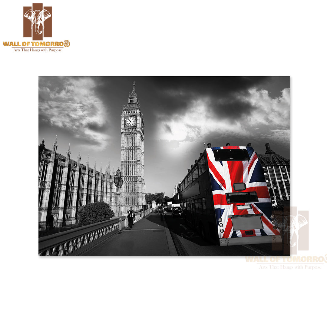 Big Ben with City Bus Covered Flag of England, London, UK High Quality Unframed Poster Print & Waterproof Poster Print Wall Décor
