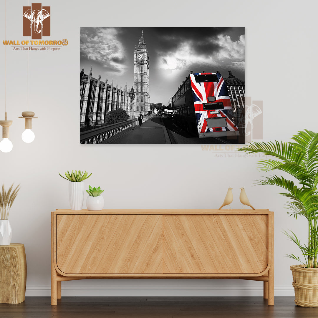 Big Ben with City Bus Covered Flag of England, London, UK High Quality Unframed Poster Print & Waterproof Poster Print Wall Décor