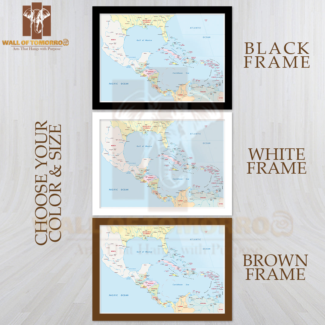 America Central, Antilles Map Educational High Quality Glass Frame Wall Décor