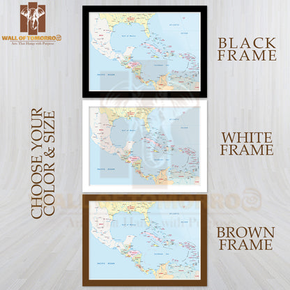 America Central, Antilles Map Educational High Quality Glass Frame Wall Décor