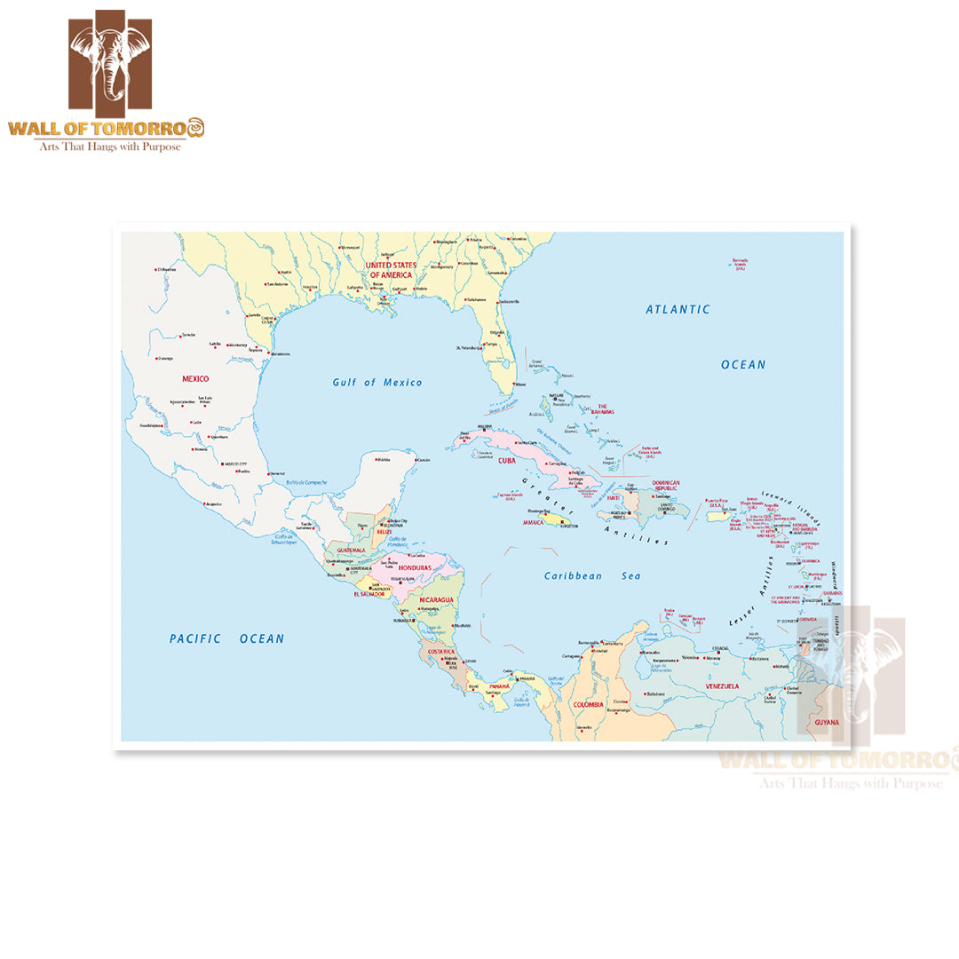 America Central, Antilles Map Educational High Quality Unframed Poster Print & Waterproof Poster Print Wall Décor