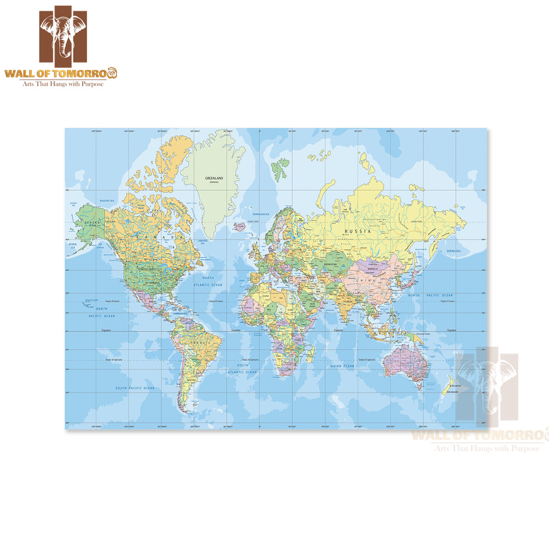 Political World Map in Mercator Projection Educational High Quality Unframed Poster Print & Waterproof Poster Print Wall Décor