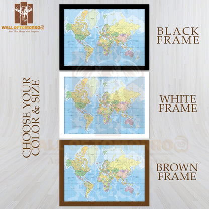 Political World Map in Mercator Projection Educational High Quality Glass Frame Wall Décor
