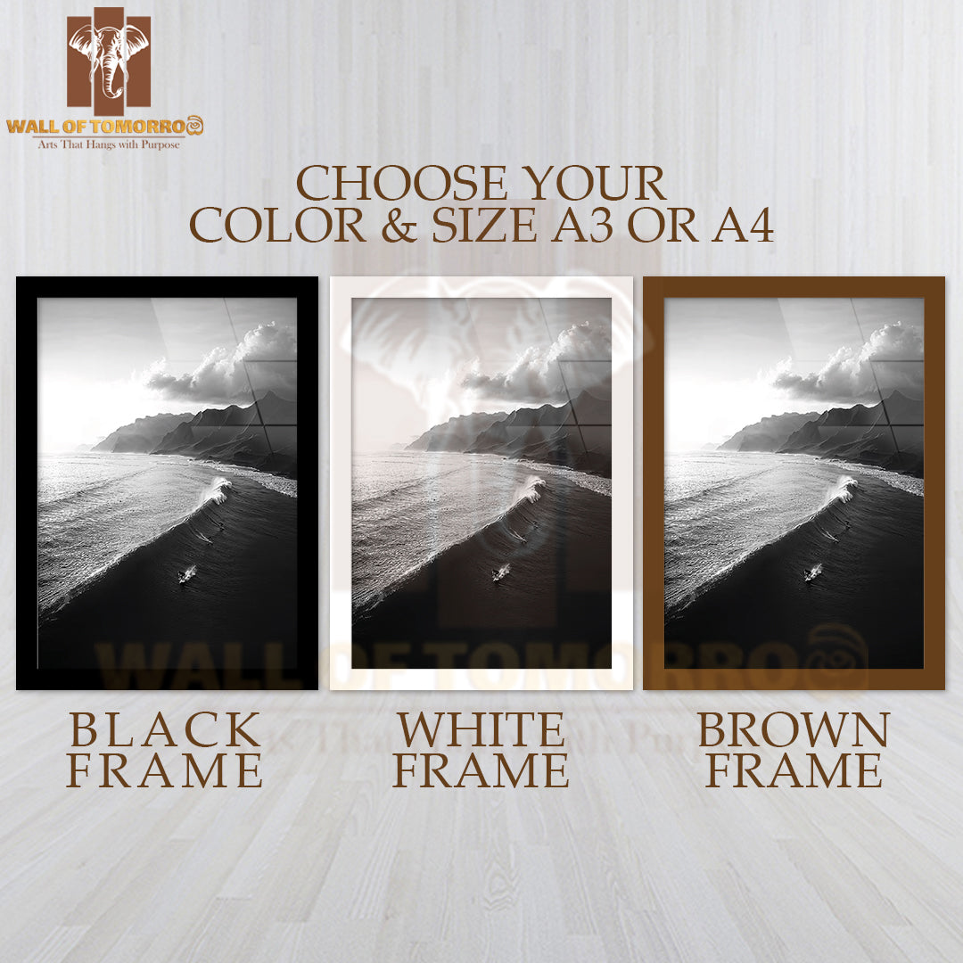 Surfers Symphony B&W High Quality Glass Frame Wall Décor