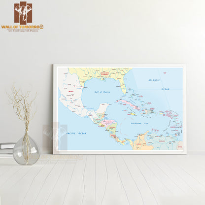 America Central, Antilles Map Educational High Quality Glass Frame Wall Décor
