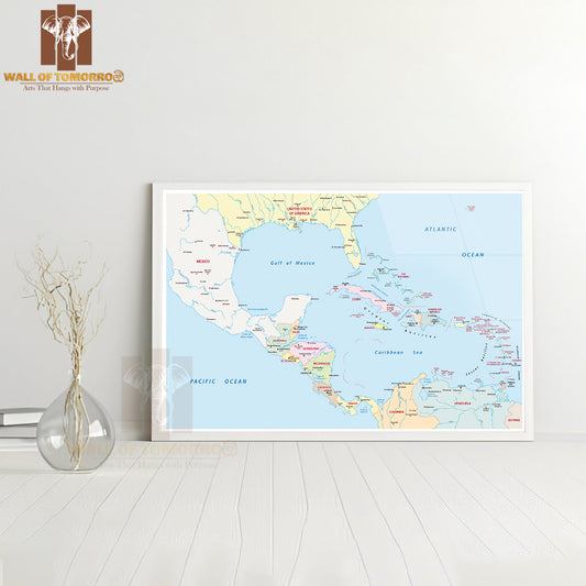 America Central, Antilles Map Educational High Quality Glass Frame Wall Décor