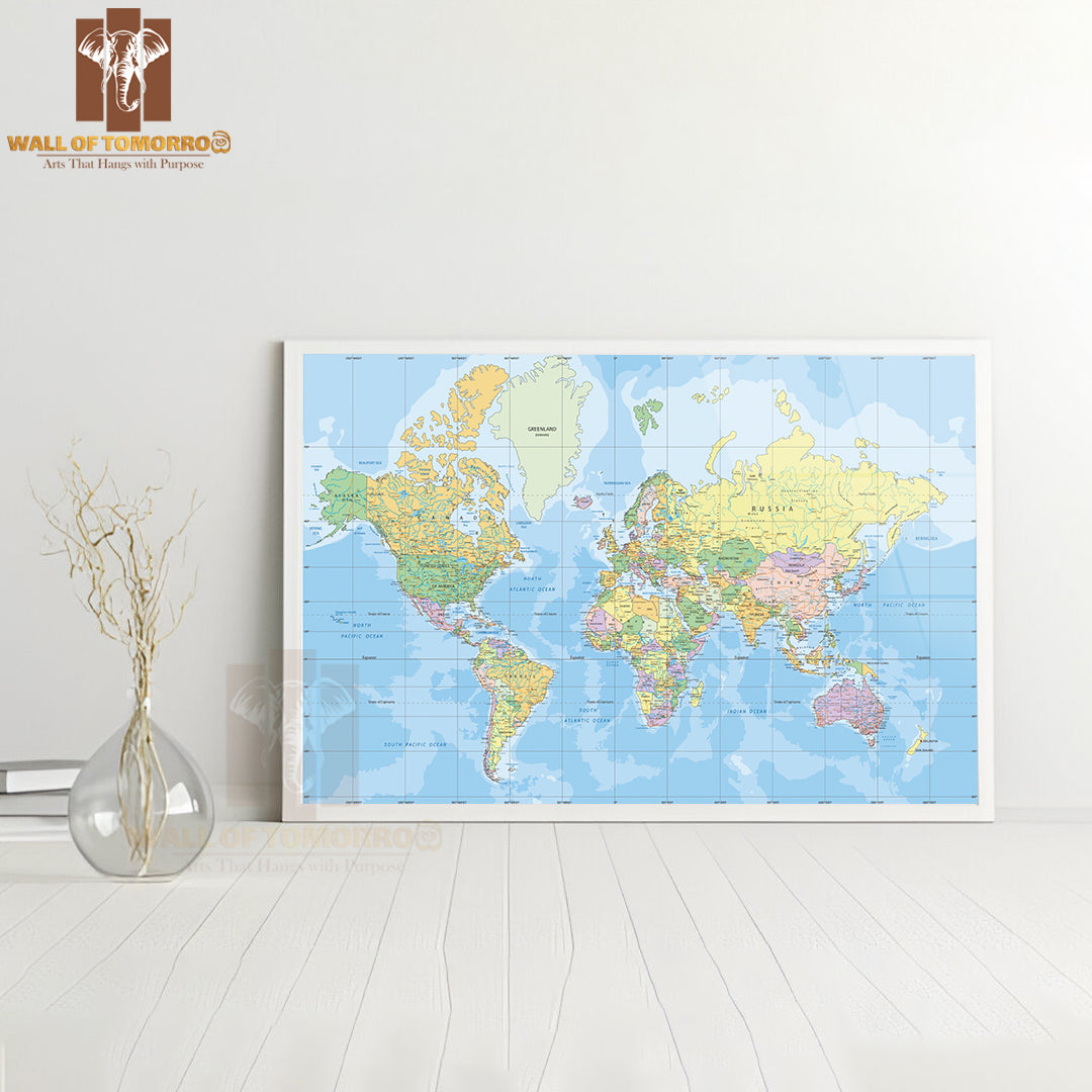 Political World Map in Mercator Projection Educational High Quality Glass Frame Wall Décor