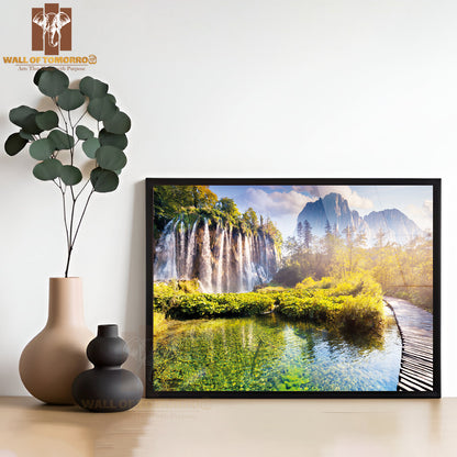 Majestic View On Waterfall with Turquoise Water, Sunny Beams in the Plitvice Lakes National Park High Quality Unframed Poster Print & Waterproof Poster Print Wall Décor