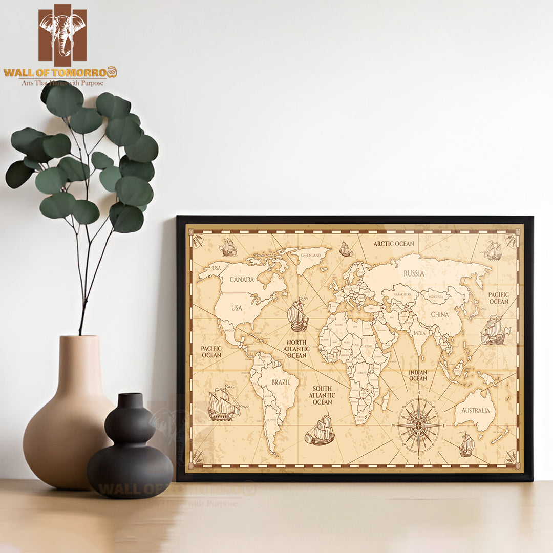 Antique World Map with Countries Educational High Quality Glass Frame Wall Décor