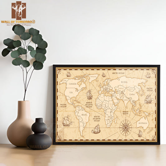 Antique World Map with Countries Educational High Quality Glass Frame Wall Décor