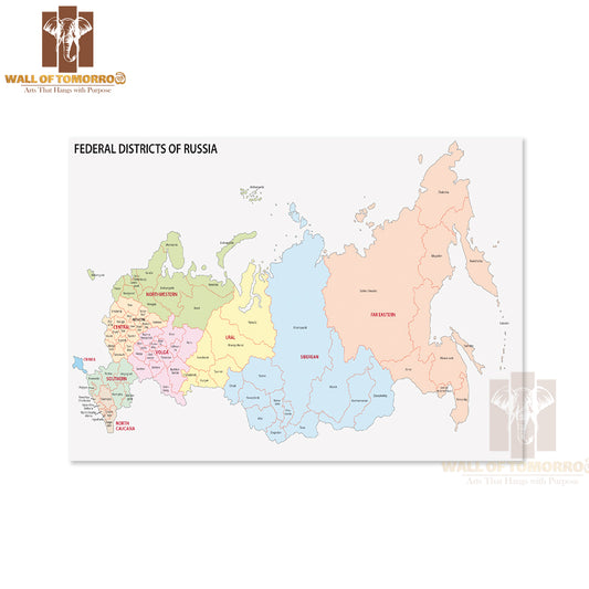 Russia Federal Districts Map Educational High Quality Unframed Poster Print & Waterproof Poster Print Wall Décor