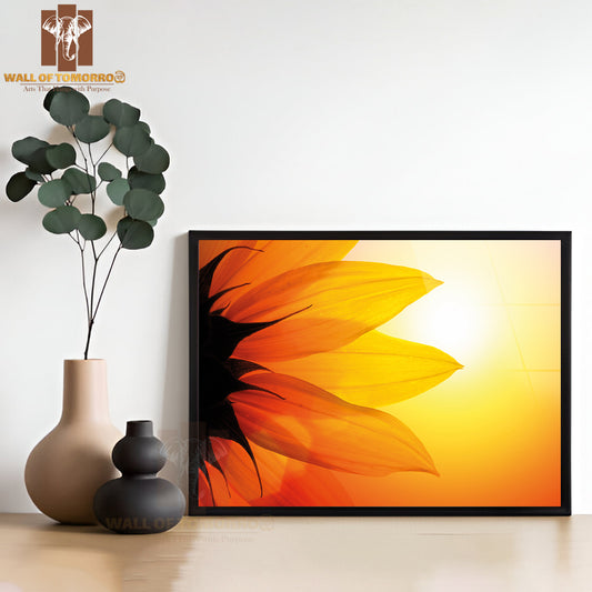 Close-Up Of Sunflower Over Sunset Sky High Quality Glass Frame Wall Décor