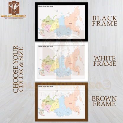 Russia Federal Districts Map Educational High Quality Glass Frame Wall Décor