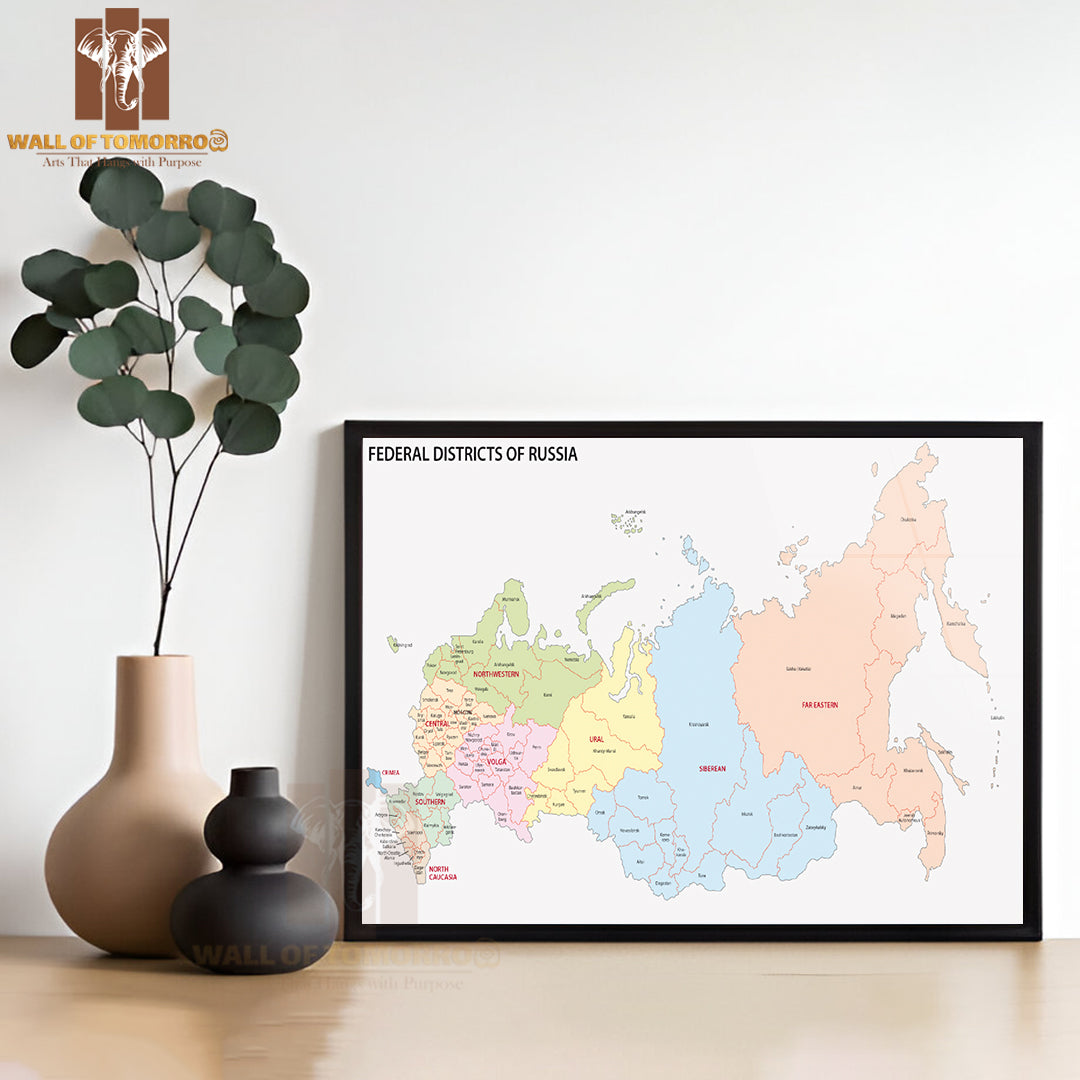 Russia Federal Districts Map Educational High Quality Glass Frame Wall Décor
