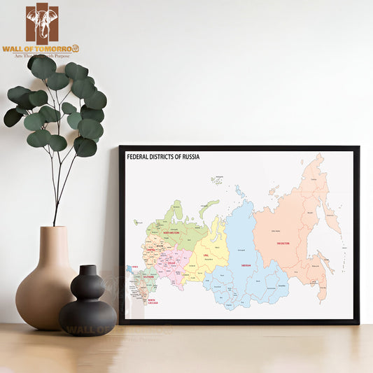 Russia Federal Districts Map Educational High Quality Glass Frame Wall Décor