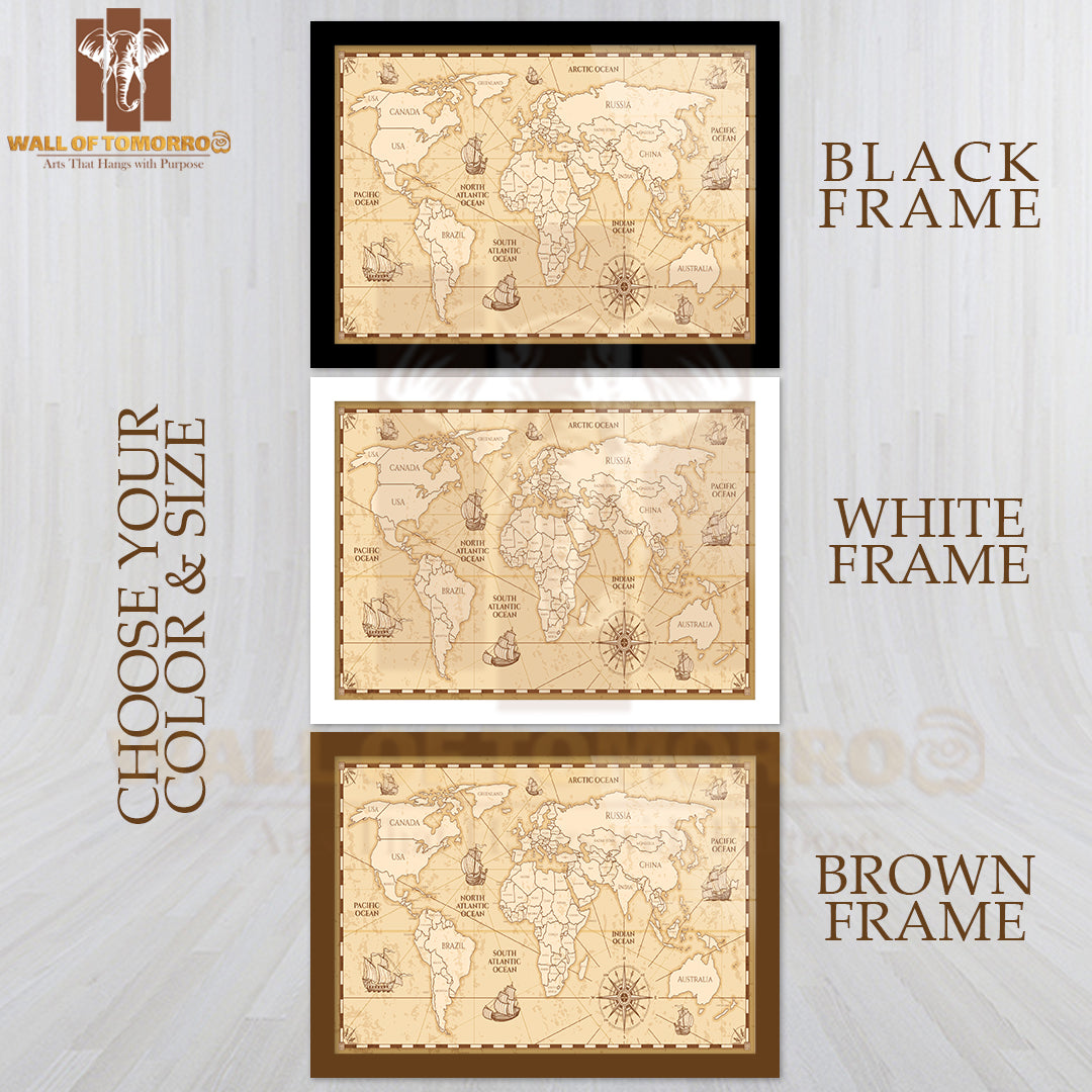 Antique World Map with Countries Educational High Quality Glass Frame Wall Décor