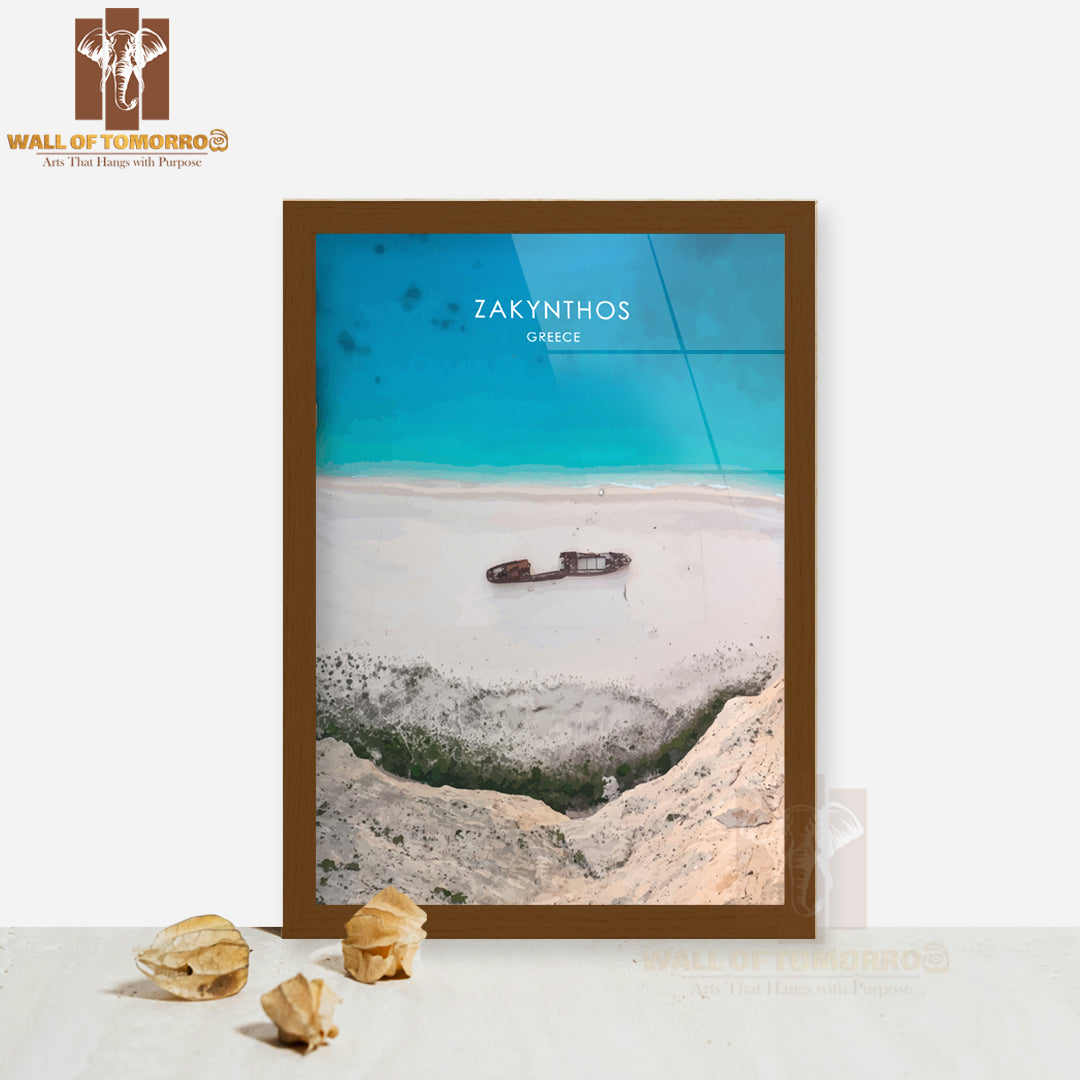 Boat Is Sitting on A Beach Near the Water High Quality Glass Frame Wall Décor